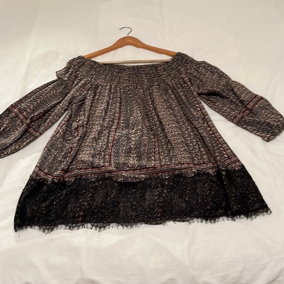 ANTHROPOLOGIE SMOCKED OFF THE SHOULDER BLOUSE WITH 3/4 SLEEVES AND LACE TRIM - Picture 1 of 4